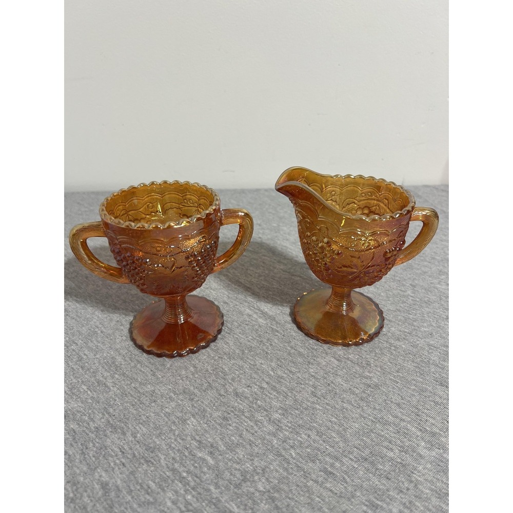 VTG Imperial Glass Marigold Carnival Grape Pattern Creamer Sugar Set Pedestal